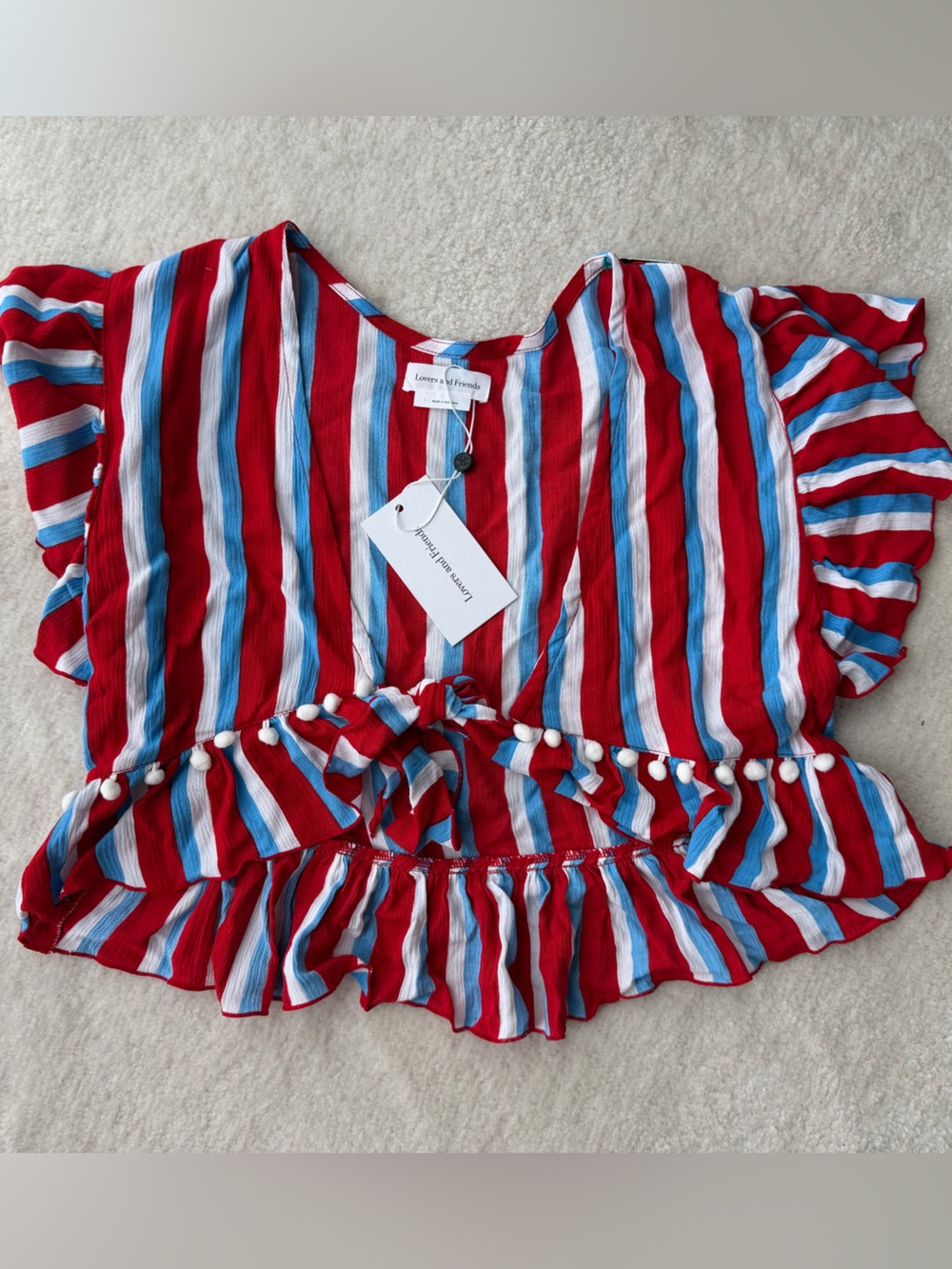 BNWT Lovers + Friends Red, Blue & White Striped Ruffle Tie-Front Crop Top